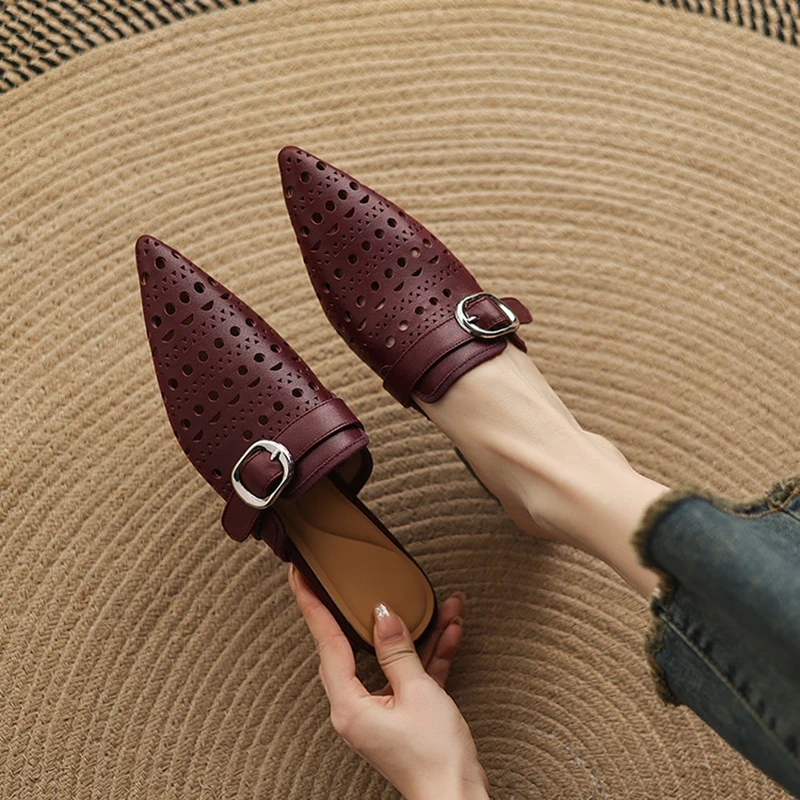 

NEW Summer Women Mules Genuine Leather Shoes for Women Pointed Toe Low Heel Shoes Cover Toe Sandals Belt Buckle Hollow Slippers