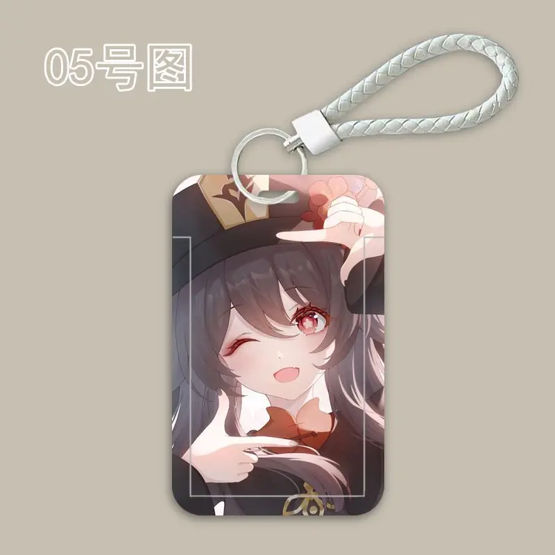 مجموعة غطاء بطاقة تأثير Genshin أنيمي ، حامل بطاقة الطالب Hu Tao ، سلسلة مفاتيح كم واقية قابلة للسحب