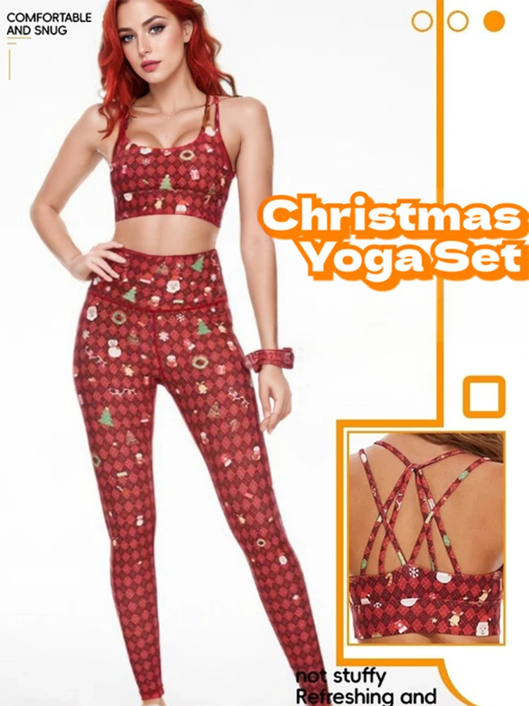 Christmas 2 Piece Yoga Set Women's Padded Sports Bra Backless Workout Clothes Gym Fitness Holiday Athletic Wear