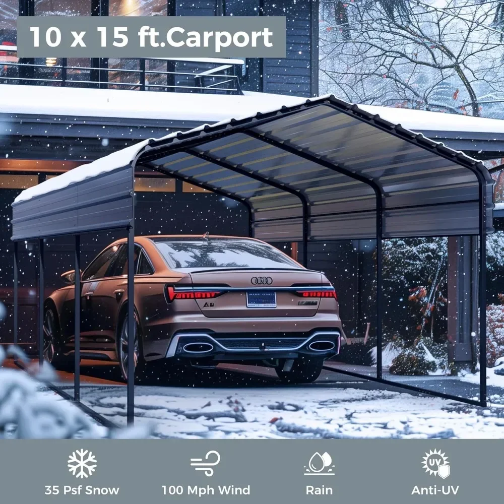 10 x 15 ft Metal Carport Kits with Galvanized Steel Roof, Heavy Duty Metal Carport Canopy, Outdoor Car Tent Metal Garage Shelter