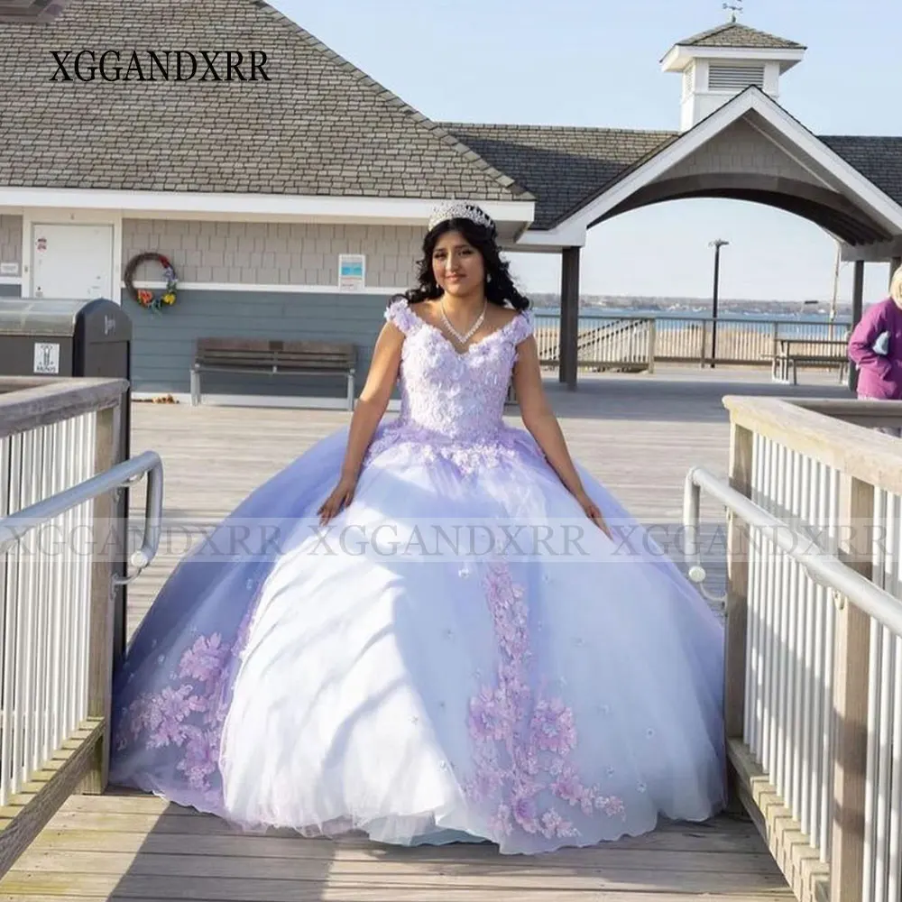 Vestidos lilas de quinceañera, vestido elegante con cuello en V, 3D Apliques de encaje de flores, dulce 15 16, fiesta de cumpleaños, con cordones, Espalda descubierta, regalo de Gala, 2023