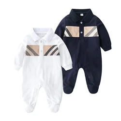 Romper de manga comprida para bebê recém-nascido, roupa de algodão, xadrez e listrado, marca fashion, criança, menino e menina, primavera e outono, 3-24 meses, novo