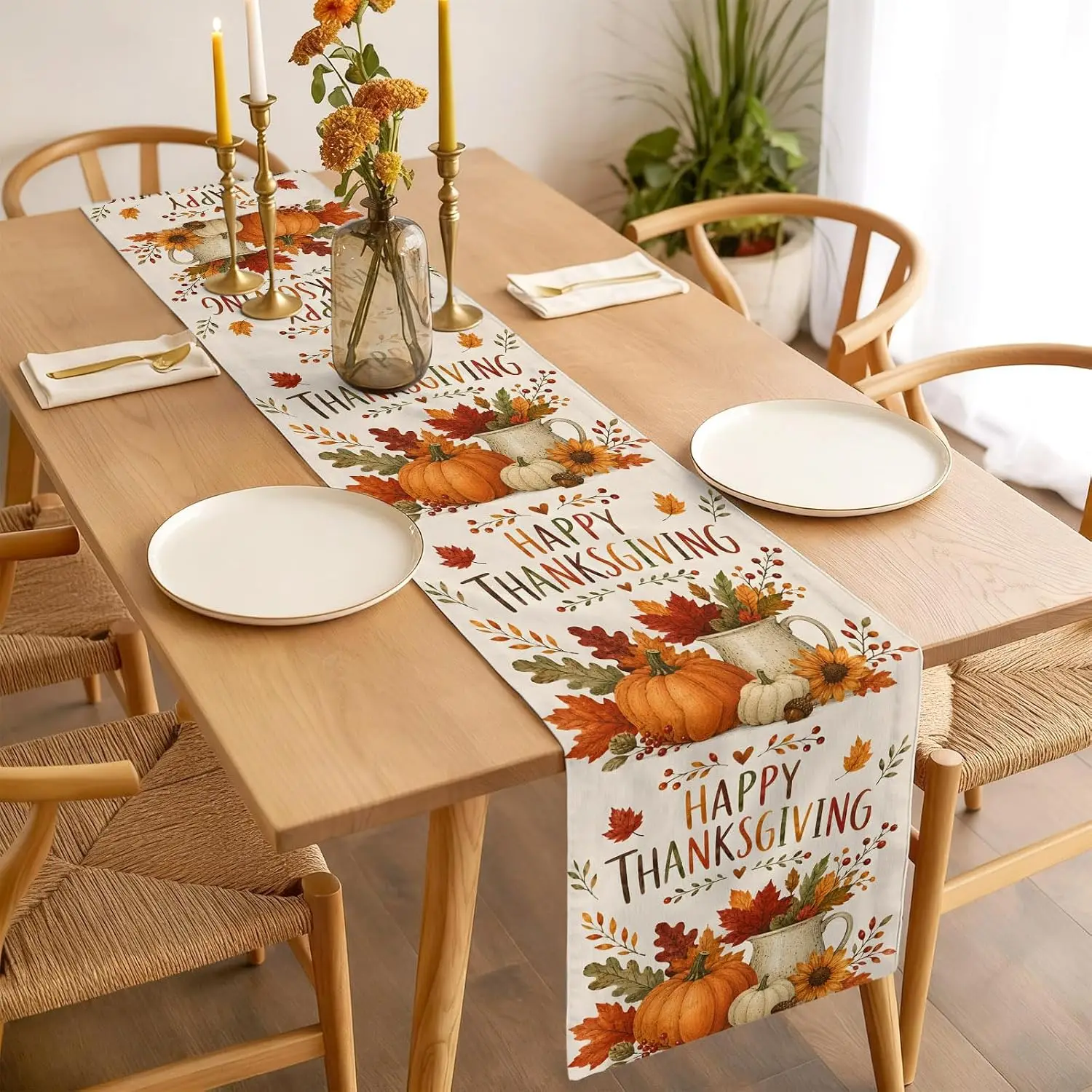 Fall Thanksgiving Pumpkins Maple Leaves Linen Table Runner Party Decor Reusable Kitchen Dining Table Runner Autumn Decorations