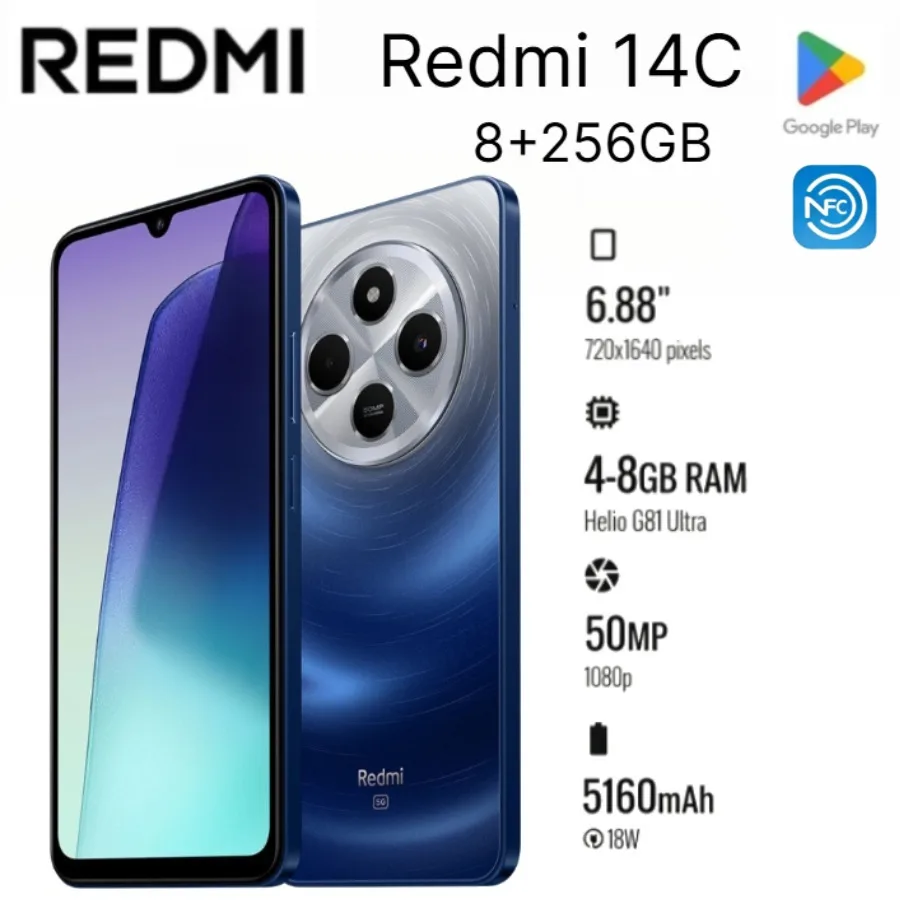 Brand new 2026 Xiaomi Redmi14c memory 8+256GB global version of the smartphone: 50 million pixels +13 million pixels dual camera
