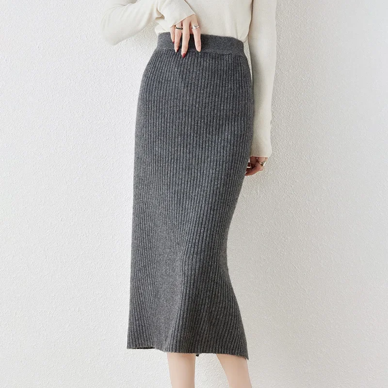 2023 New Arrival Autumn and Winter 100% Wool Knit Skirt Women\'s High Waist Skirt Fashion Soft Quanlity Elastic Knit Girl Clothes