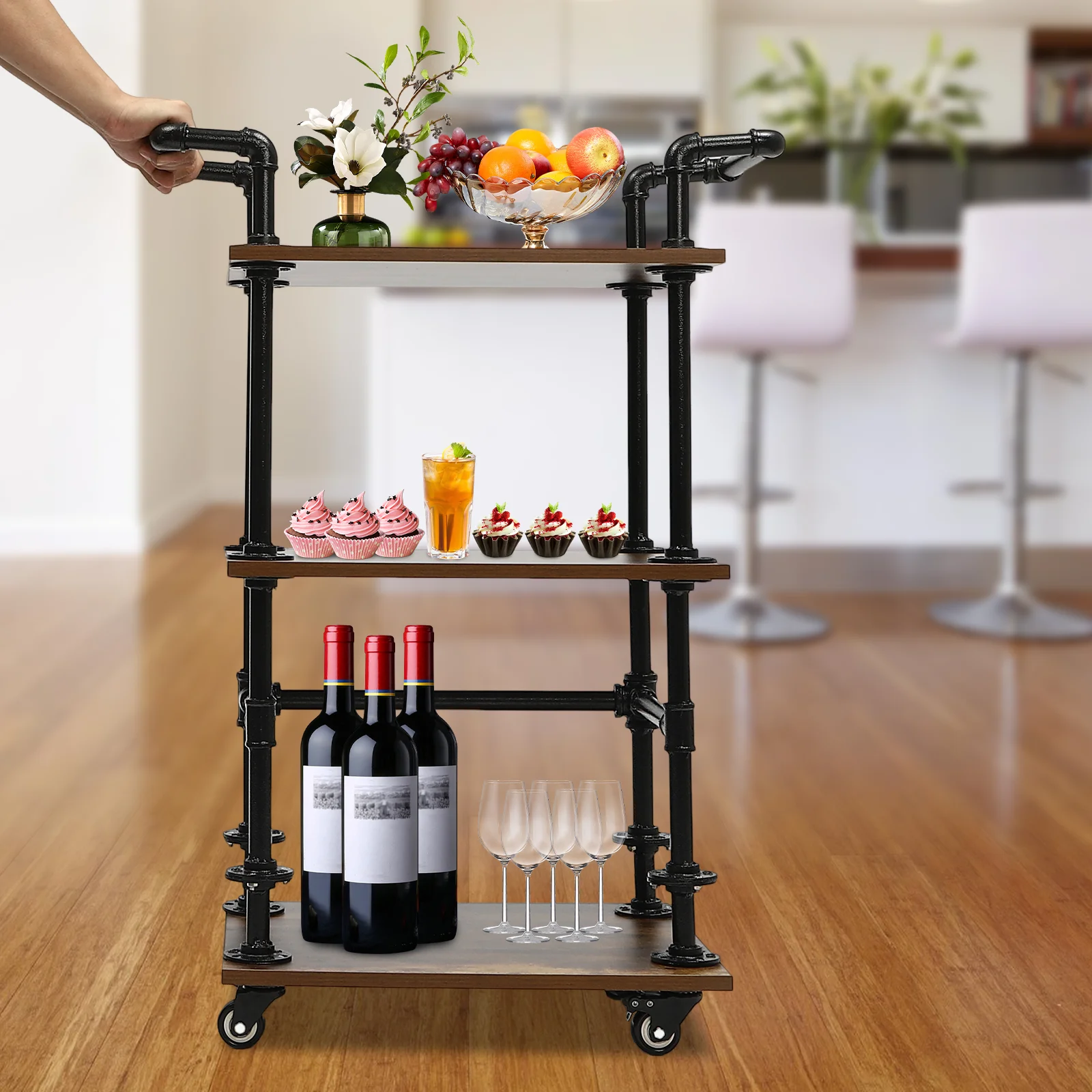 3 Tiers Wine Rack Carts On Wheels With Storage ,Industrial Rolling Carts ,Wine Tea Liquor Shelves/Holder