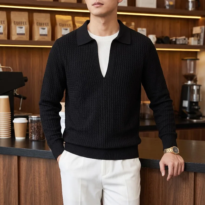 Autumn Winter Fake Two-piece POLO Neck Knitted Shirt Men's Striped Sweater Casual Business Knitted Sweaters Tops Men Clothing