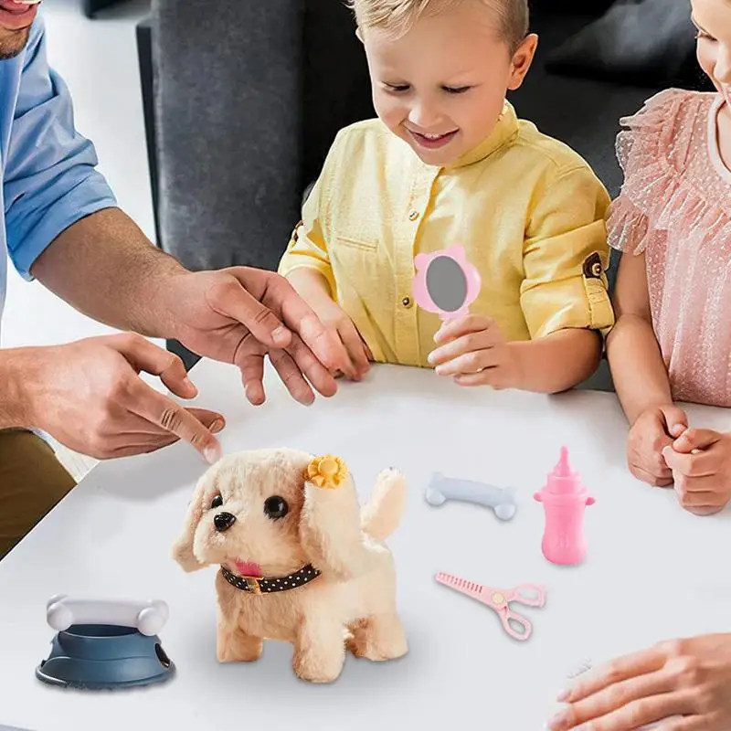 Juguete electrónico para perros y niños, conexión para caminar, mascota de peluche con mochila para mascotas, simulación de cachorro de peluche eléctrico con Kit de alimentación de lujo