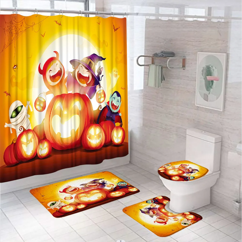 Halloween Shower Curtain Set Cartoon Pumpkin Ghost Bat Full Moon Spider Bathroom Curtains Non-Slip Rug Toilet Lid Cover Bath Mat