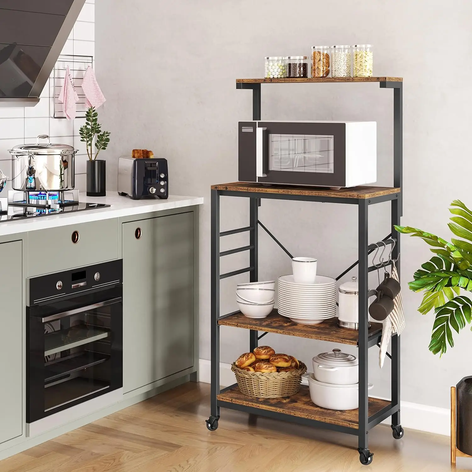 

Kitchen with Storage and Adjustable Shelves,Kitchen Utility Storage Shelf on Wheels, 4 Tiers Microwave Oven Stand Cart