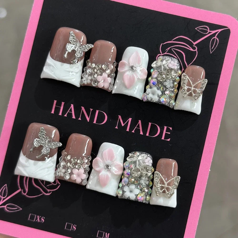 Spice Girl Short Duckbill French Handmade Press On Nails 3D Diamond Flower Butterfly Bowknot Detachable Fake Nails