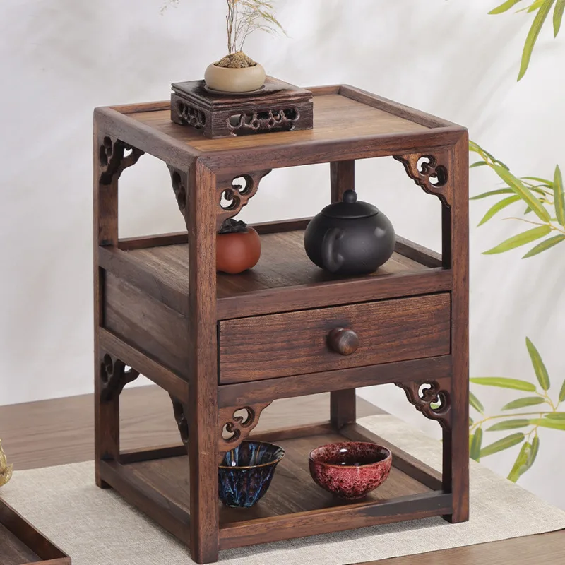 

Solid Wood Multi-Layer Tea Set Storage Rack With Drawer Chinese Bo Ancient Frame Purple Sand Teapot Display