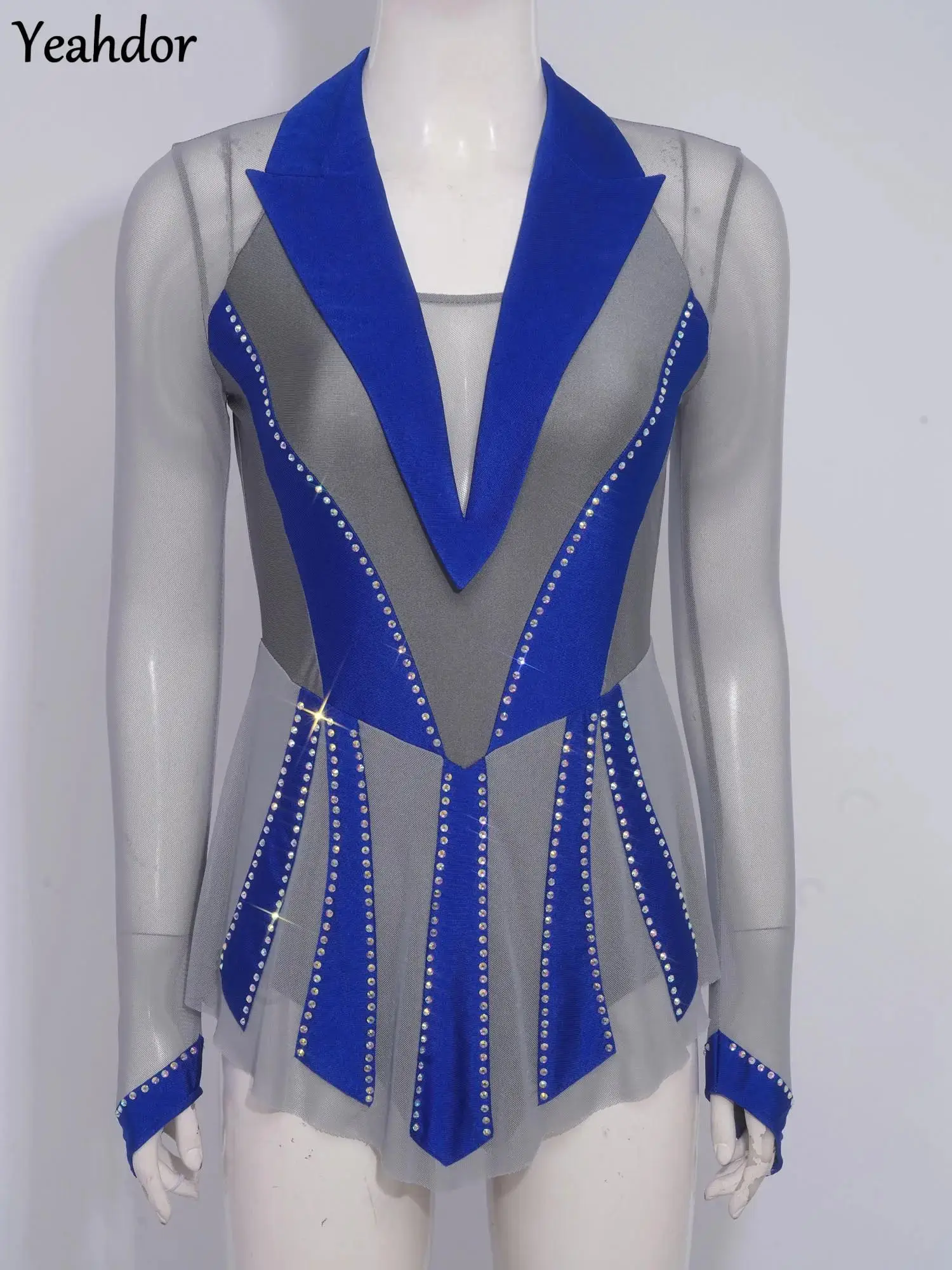 

Women Glittery Rhinestone Lyrical Dance Costume Figure Ice Skating Dress Sheer Mesh Ruffle Ballet Gymnastics Leotard Bodysuit
