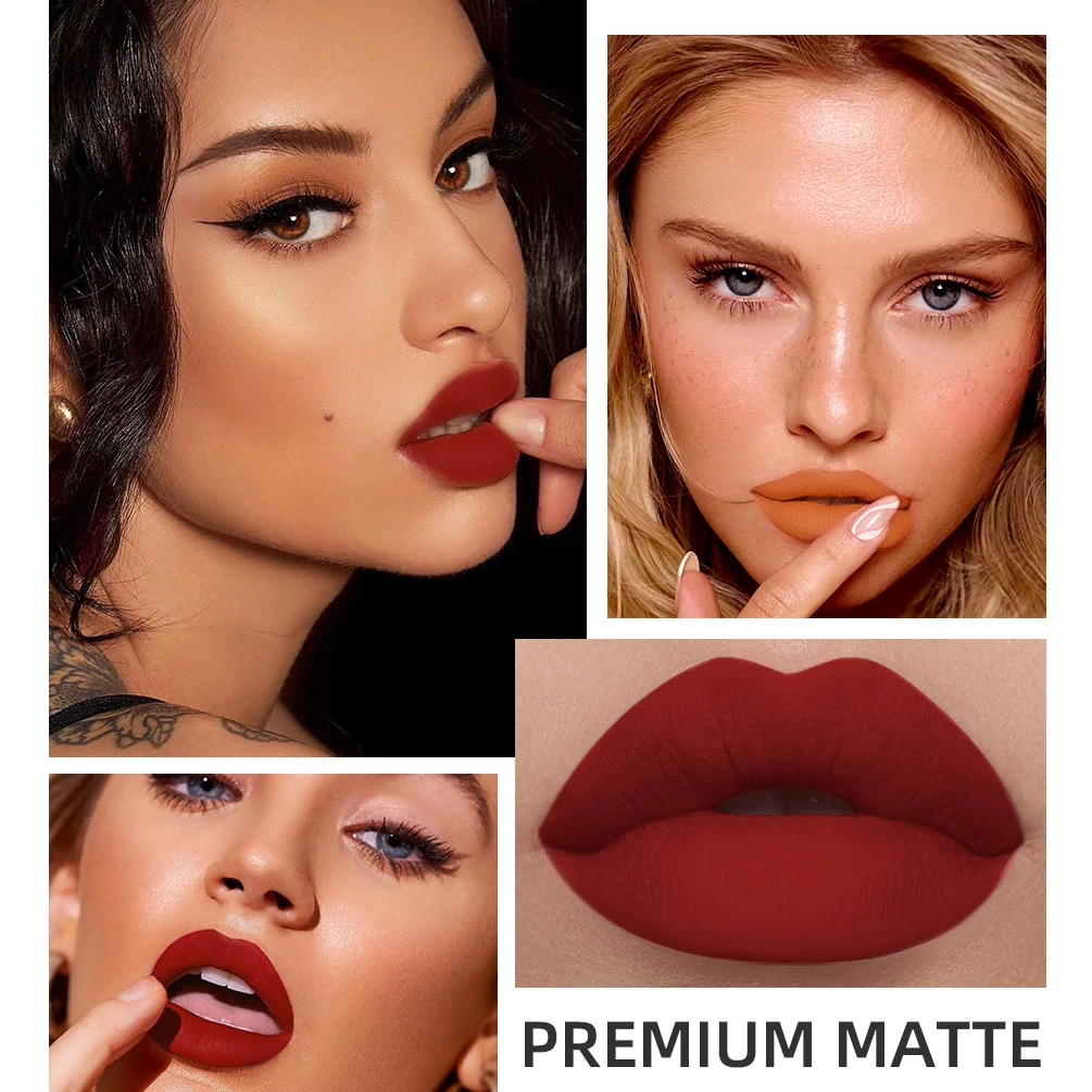 QIBEST-Brillo de labios rojo mate para mujer, lápiz labial líquido de terciopelo de larga duración, maquillaje de labios, taza antiadherente de