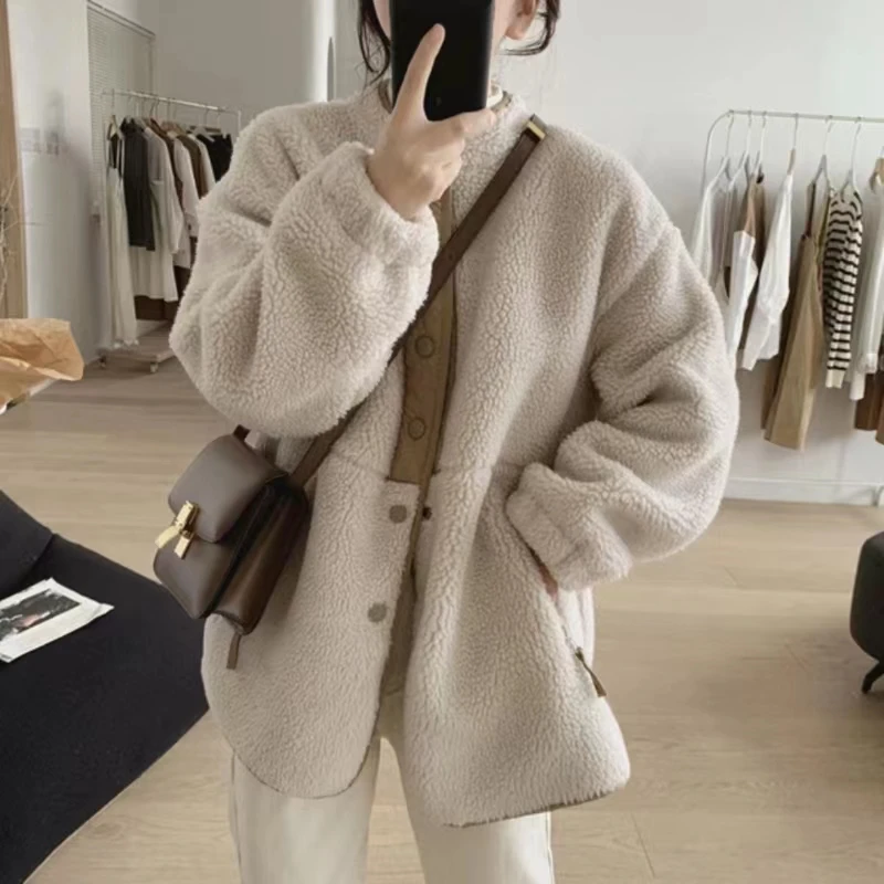 

Women's Lambwool Coat, Loose Thick Parkas, Long Sleeve Top, Oversize Coats, Korean Fashion Clothes, Winter Clothes, New