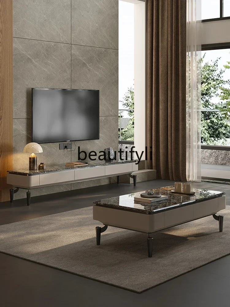 2003 Italian Style Light Luxury TV Cabinet Natural Platinum Diamond Marble Coffee Table TV Cabinet Set