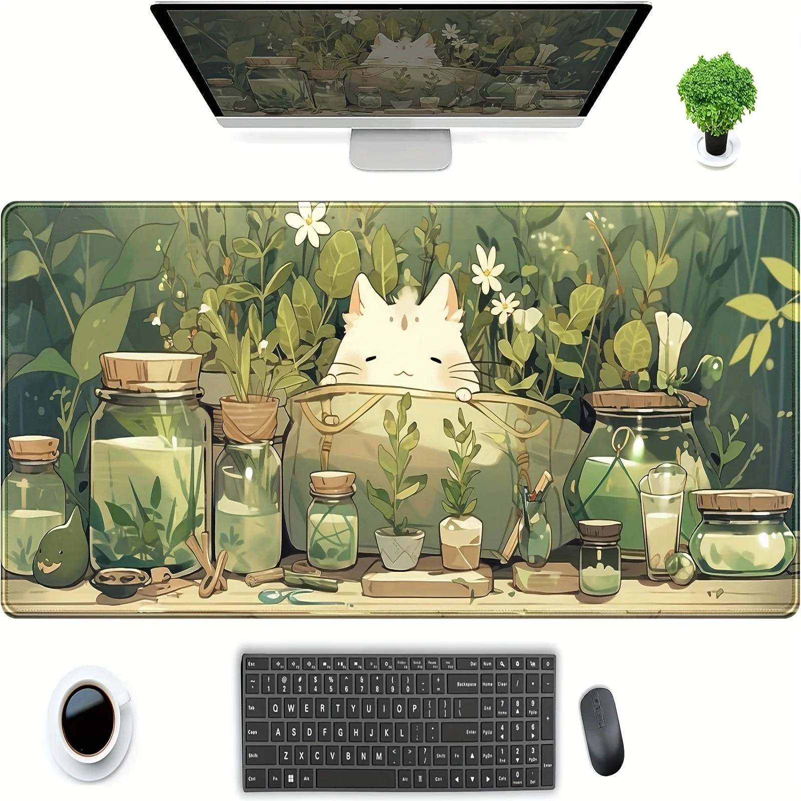 

Kawaii White Cat Green Plants Design large Mouse Pad Desk Mat Non-Slip Stitched Edge office mat Gaming pad Computer mouse pads