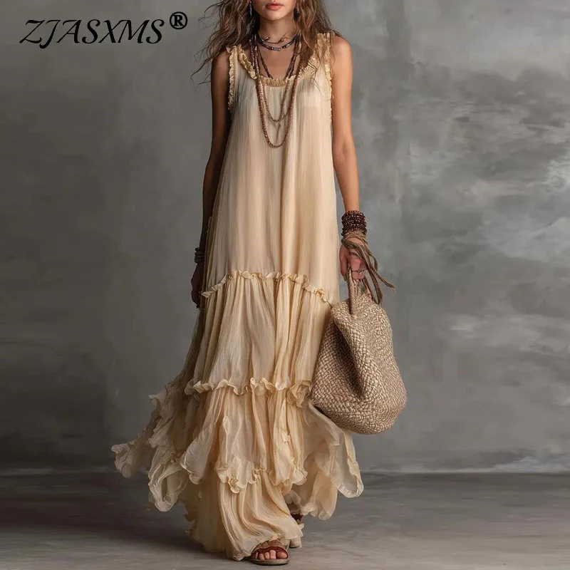 Einfarbiges, gestuftes Maxikleid für Damen, ärmellos, herzförmiger Ausschnitt, Rüschenbesatz, lockeres, fließendes Kleid, böhmisches, lässiges Strand- und Urlaubskleid