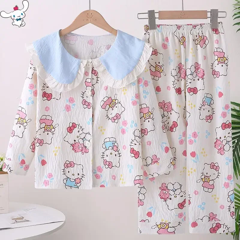 

Милые тонкие пижамы для девочек Hello Kitty, детская домашняя одежда, модный комплект с мультяшным воротником-куклой, мягкий комплект с длинными рукавами и брюками