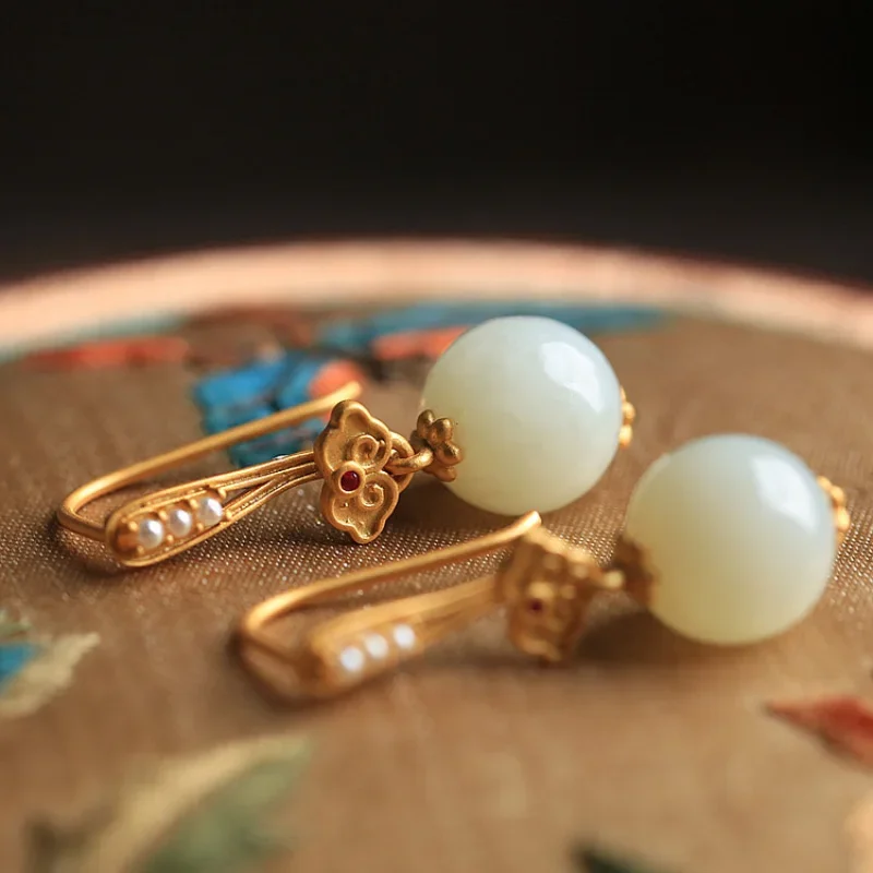 Original Ruyi natural Hotan Jade beads earrings for women Vintage inlaid pearl Eardrop Ancient gold craft high-level jewelry