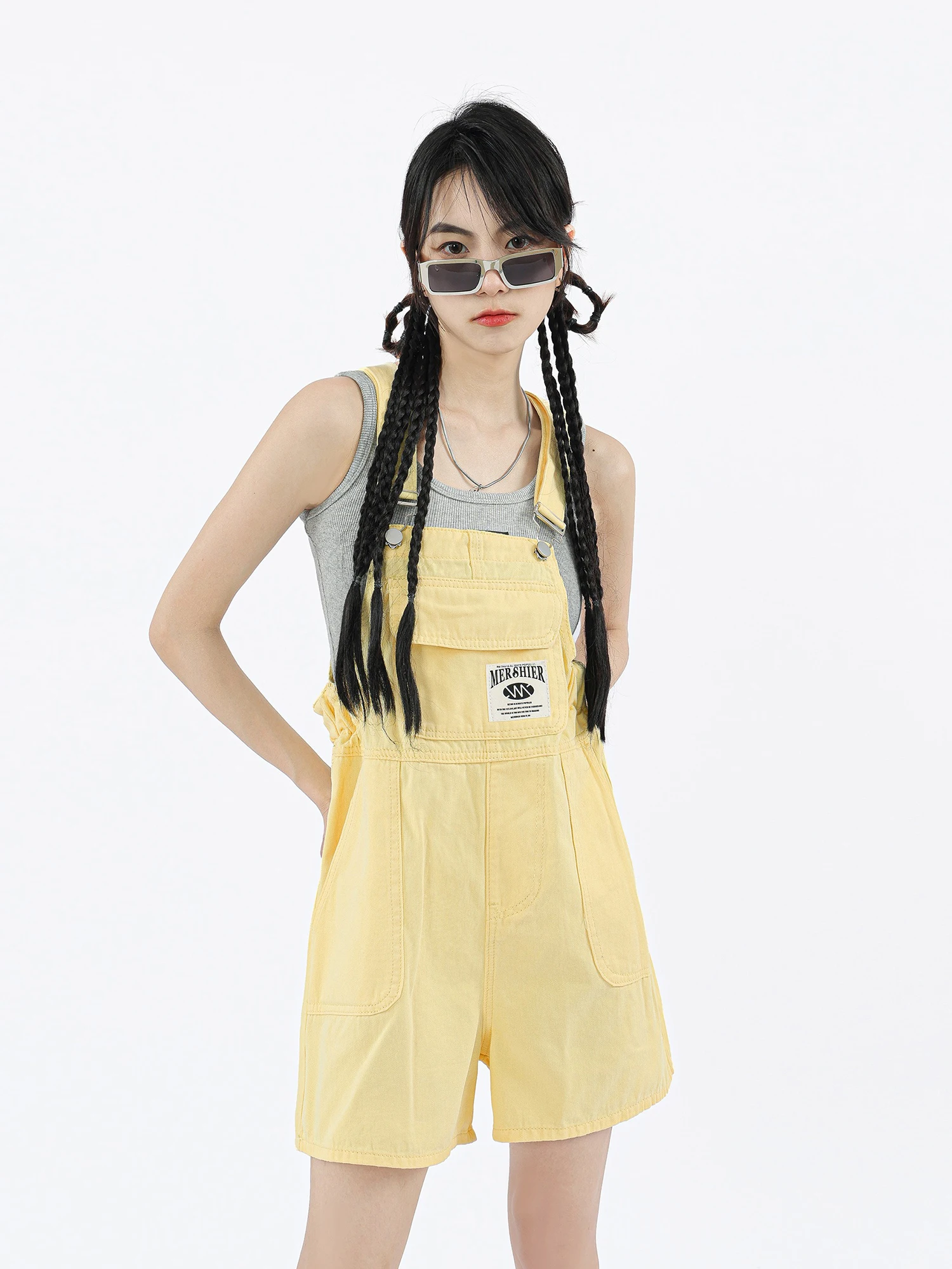 Dopamine Wearing Workwear Strap Pants 2024 Summer Sweet Yellow Wide Leg jumpsuit shorts Cute Girl Y2K