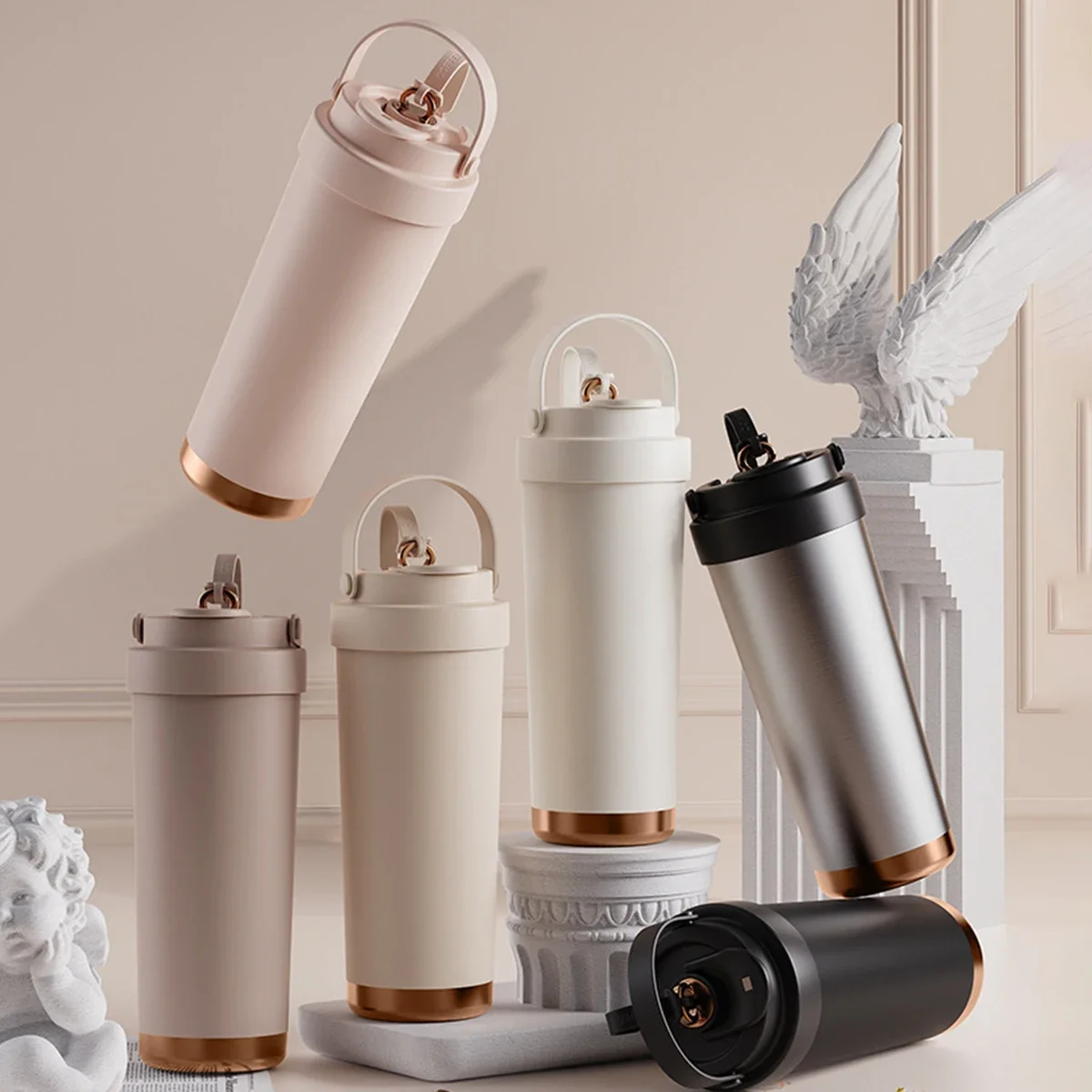 500/750ML Flat Bottom Ceramic Thermos Cup with Straw Coffee Portable Kettle Thermos Cup Non-Spill with Telescopic Straw