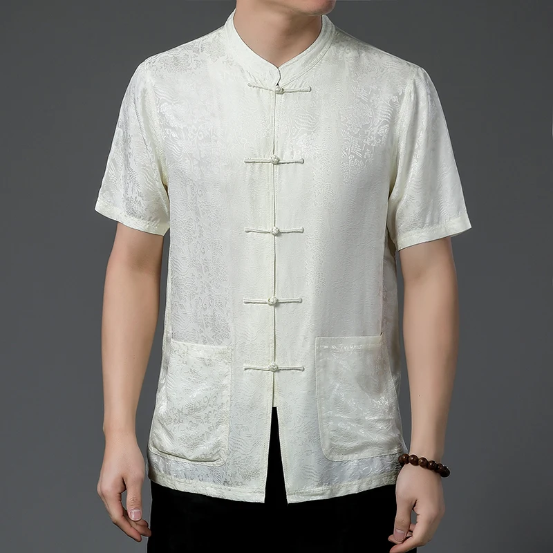 

Luxurious Tang Costume 100% Silk Shirts For Men Short Sleeve Frog Summer Quality Lightweight Easy Care Pockets Camisas De Hombre