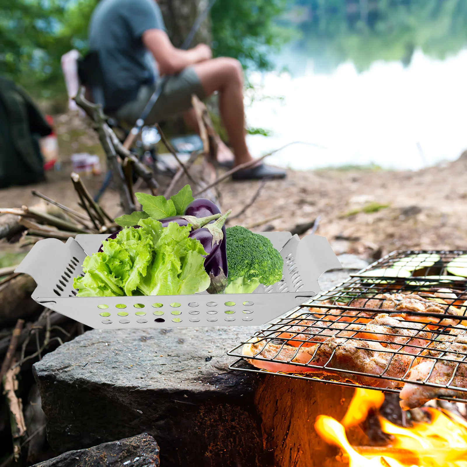 

1pc Hollow Grill Basket Stainless Steel Durable Bbq Grilling Pan Oil Drain Holes Raised Edges For Vegetables Fish Shrimp