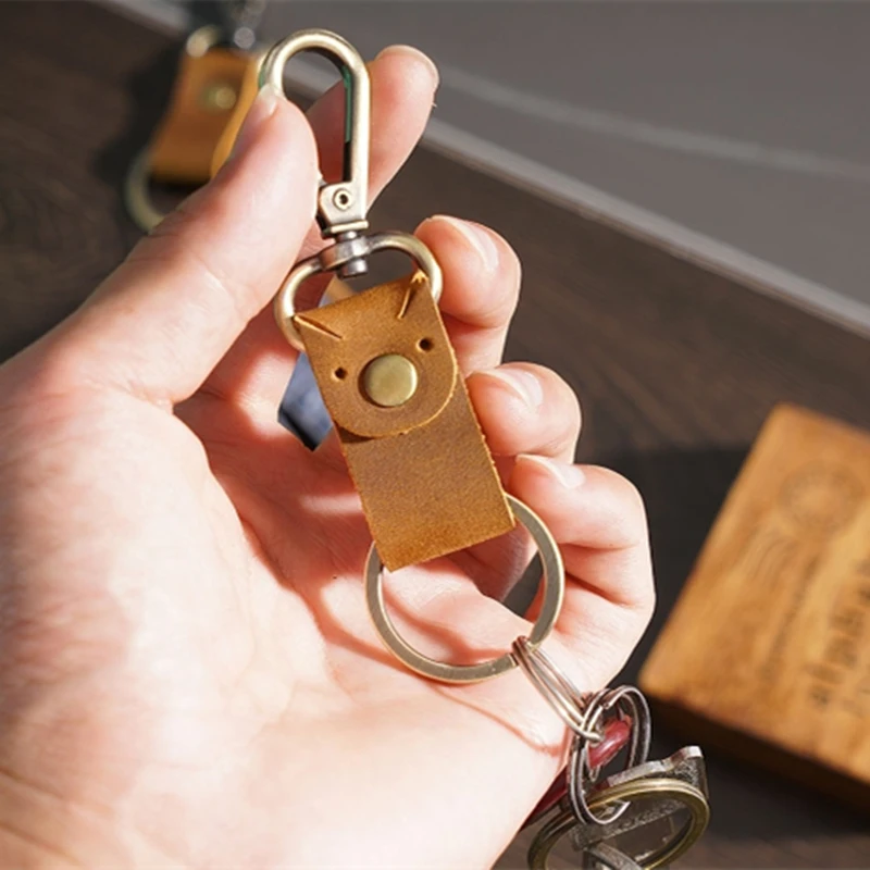 Porte-clés rétro en cuir véritable fait à la main pour homme, boucle de clé en cuir de vachette résistant à l'usure, cadeau, structure de document pure