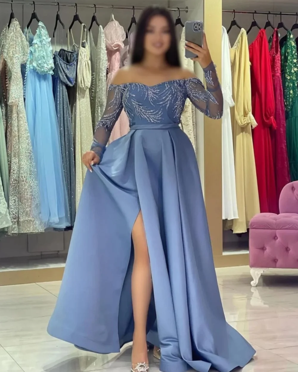 Customized Classic Elegant Jersey Sequined Beading A-line Off-the-shoulder Long Dresses Bespoke Occasion Dresses Matching Retro