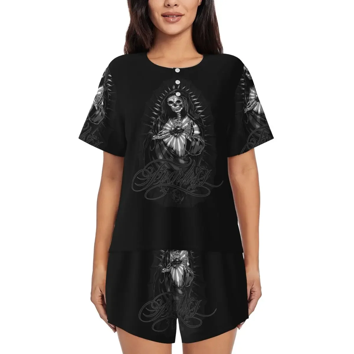 

Santa Muerte Spanish Holy Death Round Neck Short Sleeve Nightgowns for Sleeping Sleepshirts Women Loose Pajama Set Short Pants