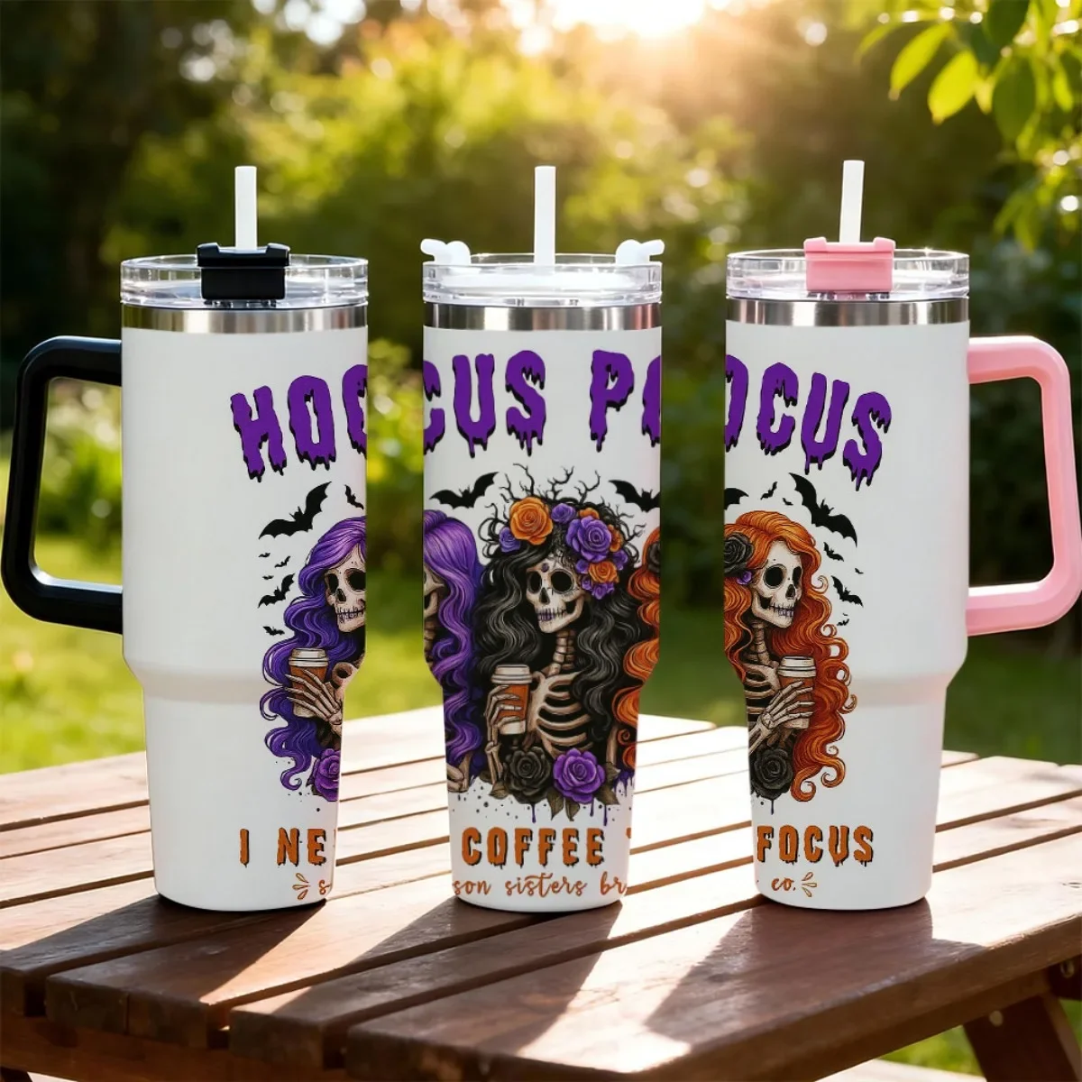 40oz Tumbler with Handle Hocus Pocus Skeleton Sisters Halloween Print Insulated Cup, Other colors sold out, random black or white shipment for other color orders