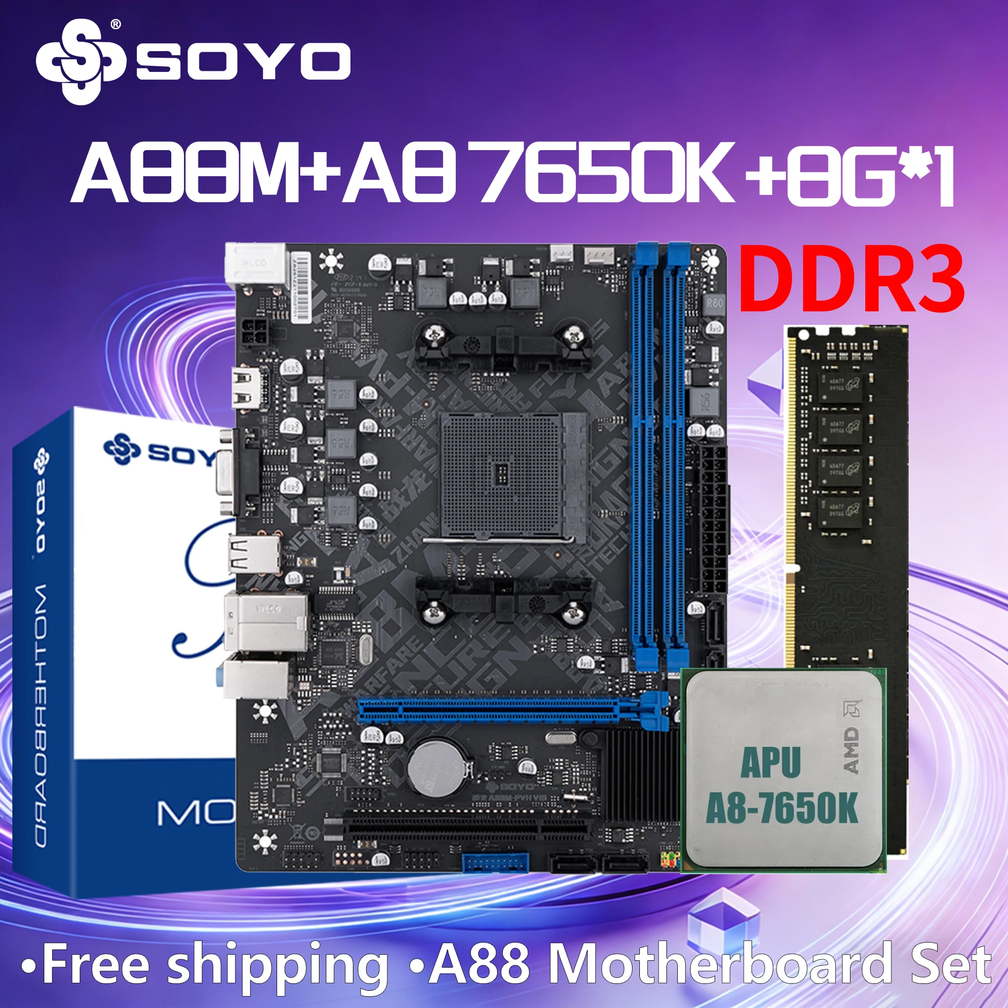 

SOYO A88M Motherboard DDR3 8G*1 A8-7650 CPU Computer components Game SATA 3.0 AMD FM2 Memory comb PCIE3.0*16 USB2.0 HDMI VGA