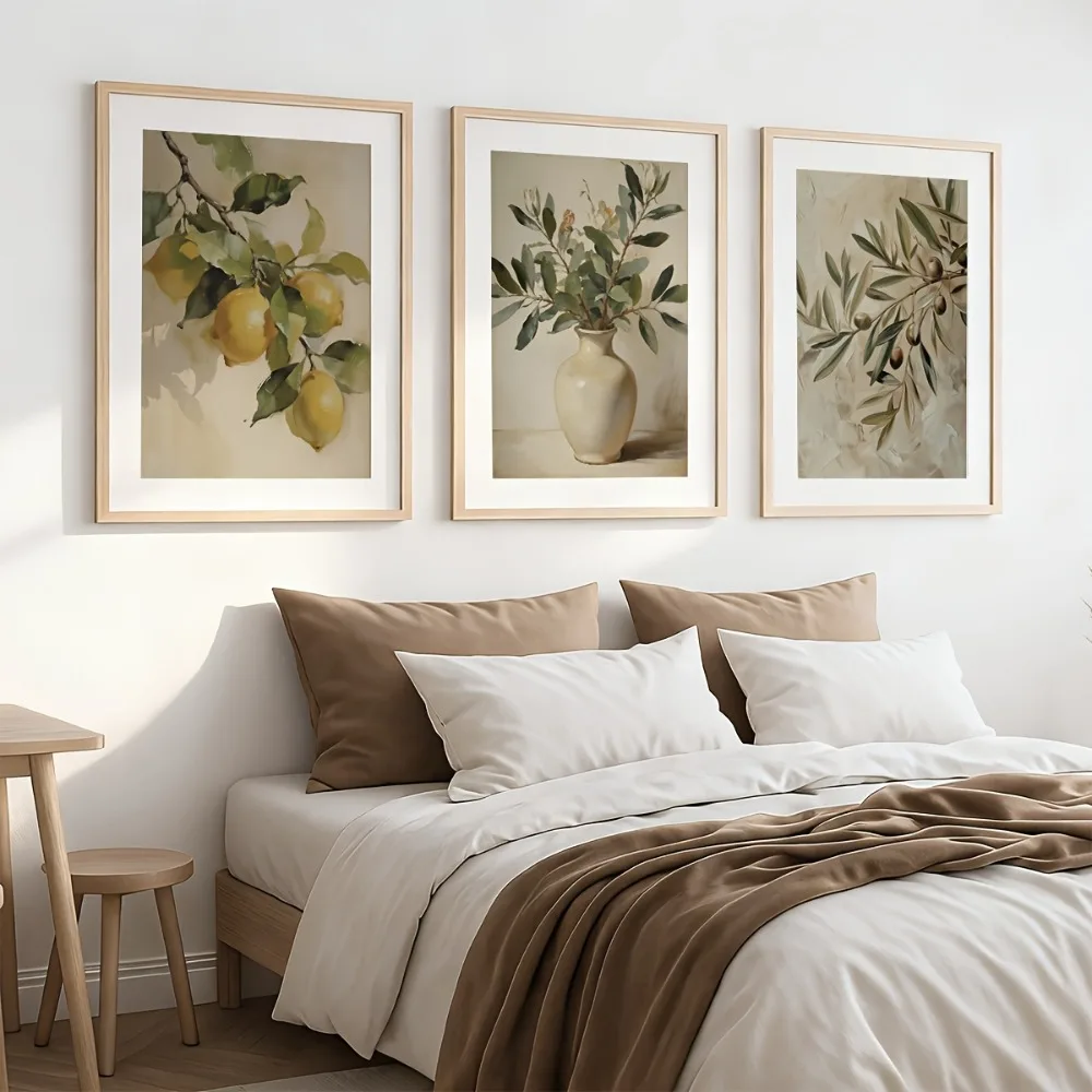 3pcs frameless Canvas Painting 3pcsFrameless,Country Cottage Retro Olive Branch,Vase,Lemon Leaf Painting Printing Poster,Retro P