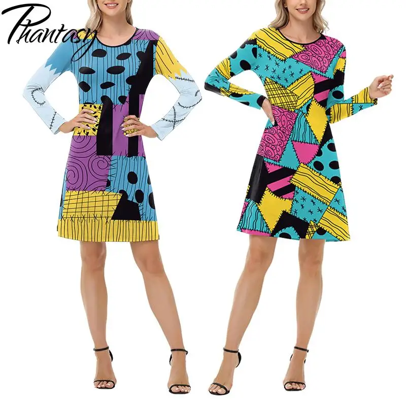 

Phantasy Autumn Women Dress Long Sleevd Gown Loose Homewear Halloween Sally Dress Cartoon Pattern Robe Party Female Dress Up