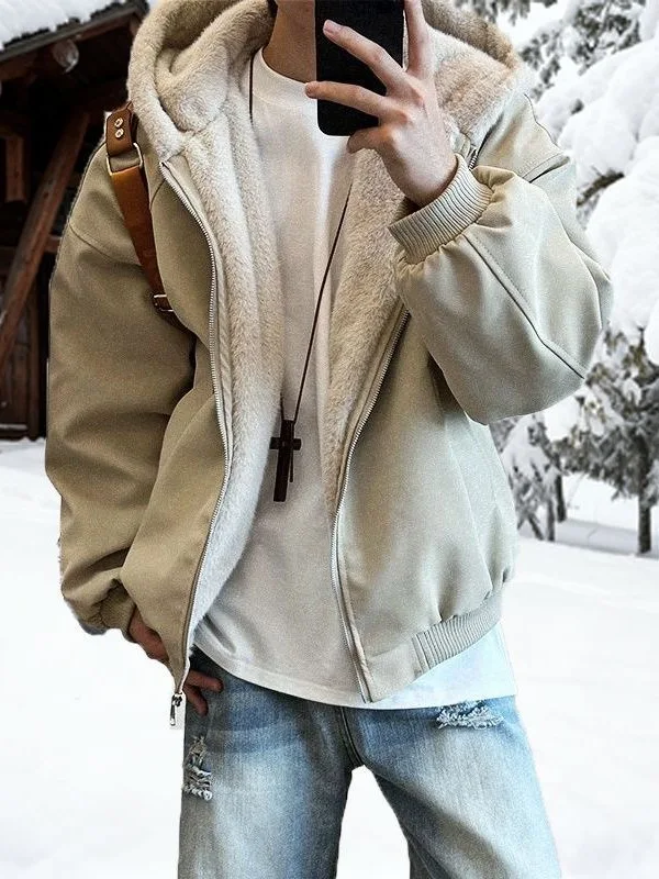 

Men's Thiened Fce Lined Hooded Cotton Jaet Winter Warm PU Leather Cotton Coat Couple's Outerwear Casual ular Sle