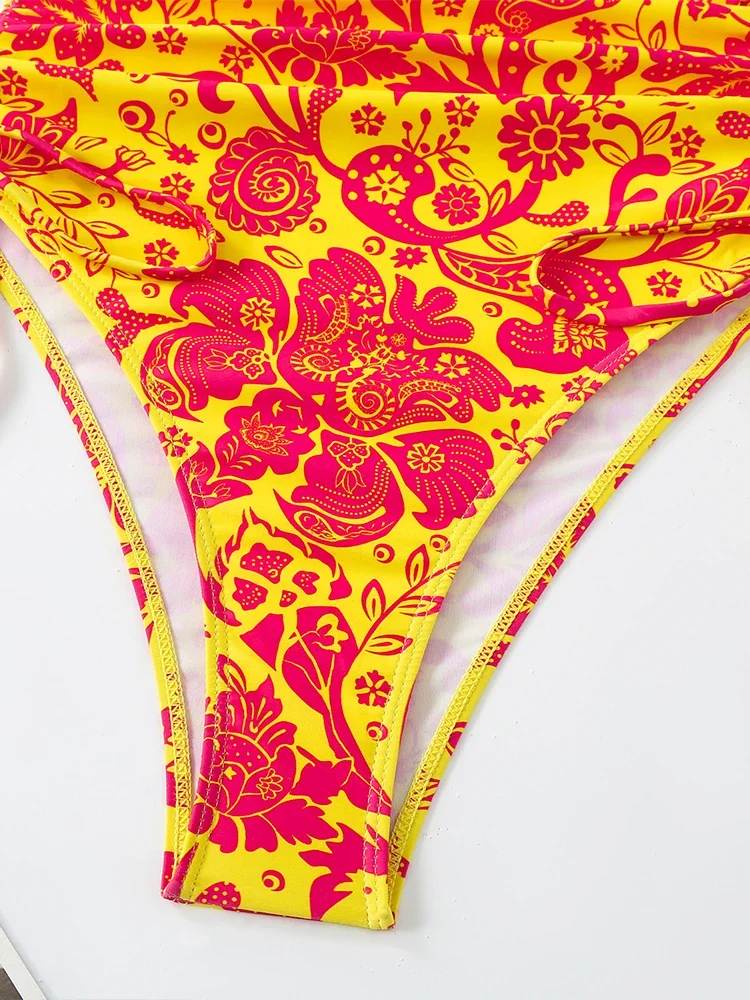 Beach Backless Lace Up Swimwears Bikinis Women 2025 New Summer One Piece Swimwears Sexy High Waist Print One Piece Swimwears