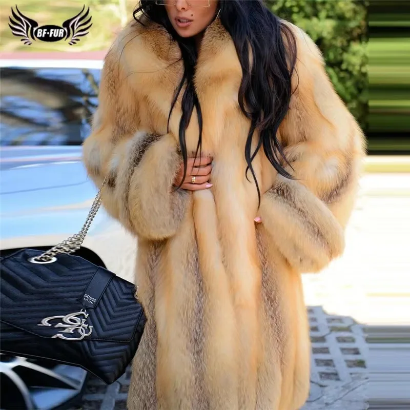 BFFUR Luxury Real Natural Gold Fox Fur Coat Women Winter Thick Warm Full Pelt Fox Fur Long Jacket With Collar For Famle