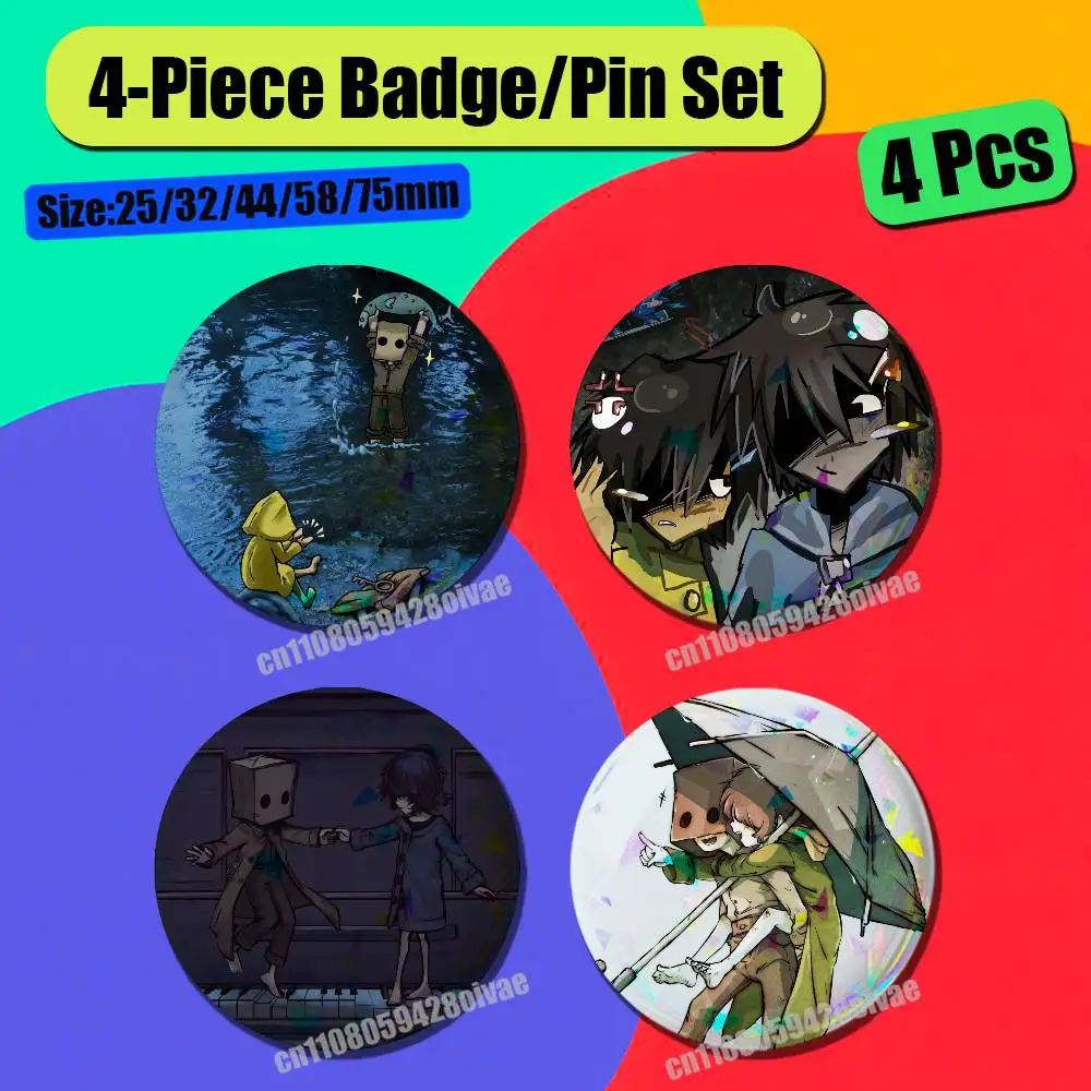 For Game Little Nightmares Badge Pin Insignia 4 Pcs Set Round Button Emblem Laser Film Clothes 32mm Custom