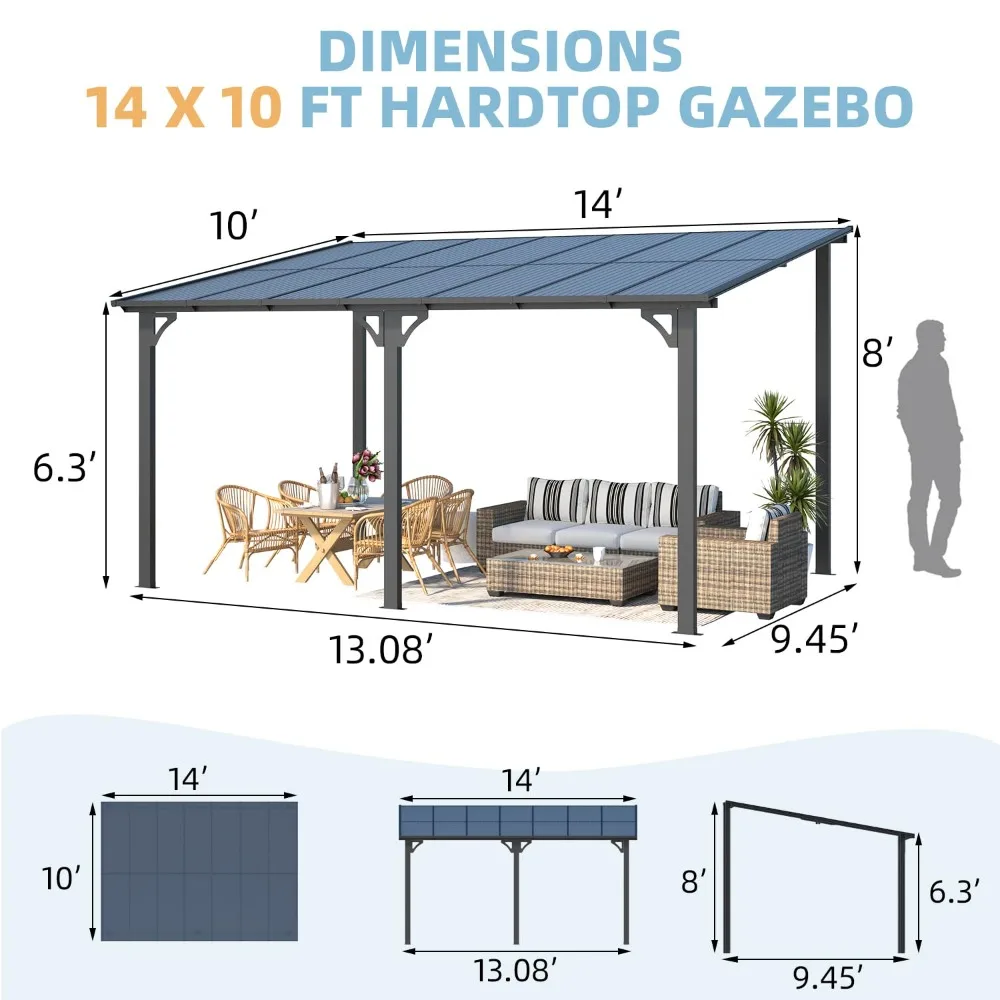 

14' X 10' Hard Top Gazebo for Patio Lean to Pergola with Roof 140 Sq.Ft Shaded Large Wall-Mounted Heavy Customized Gazebo