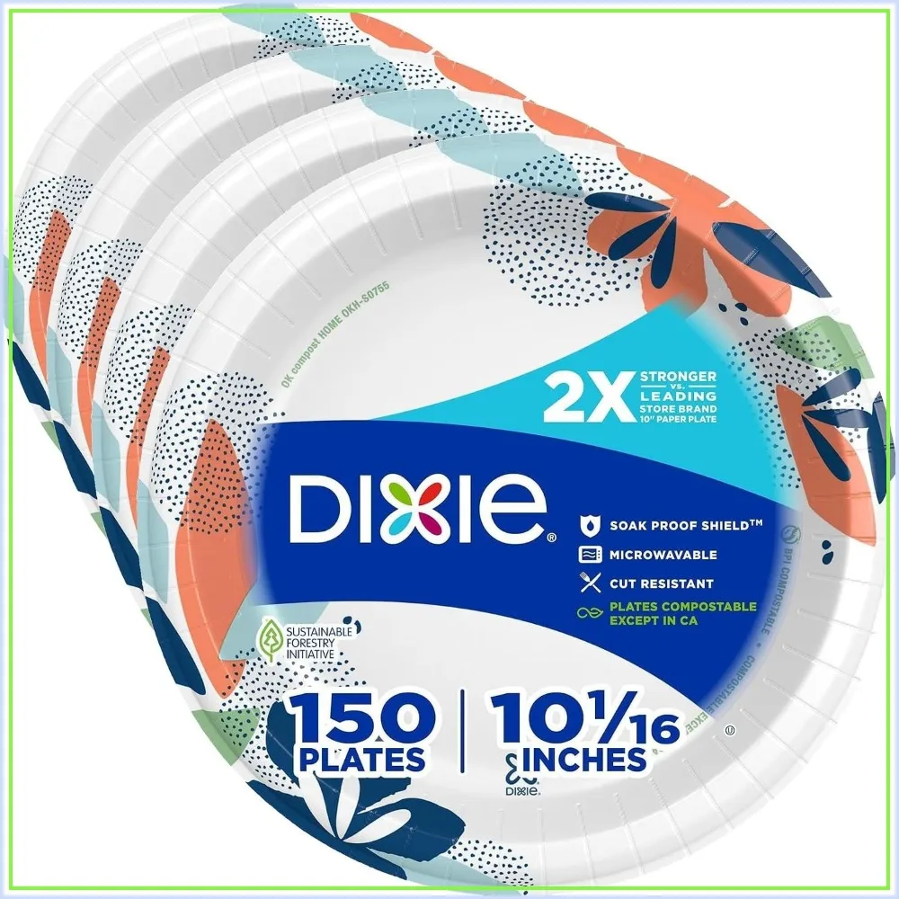 

10 Inch Disposable Paper Plates, 150 Count, Strong & Cut Resistant, Microwave Safe, Soak-Proof, for Everyday Meals