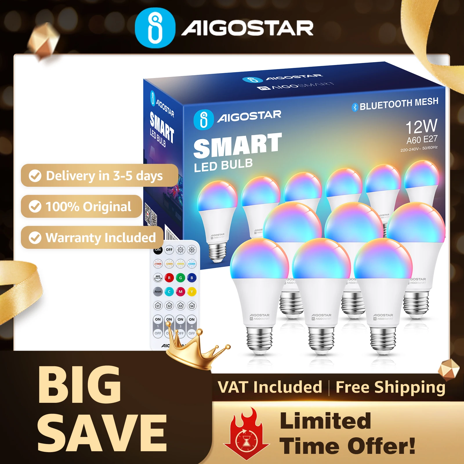 Aigostar Bombilla Inteligente Bluetooth Mesh A60 E27 | RGB + CCT Regulable 12W 1150LM | Compatible Alexa/Google, Mando Incluido