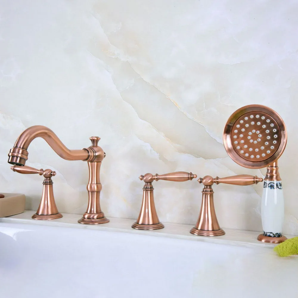 

Antique Red Copper Brass Three Levers Handles Deck Mounted 5 Holes Bathroom Tub Faucet Mixer Tap With Handshower mtf220