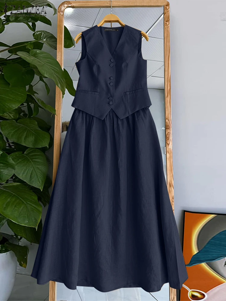 ZANZEA 2025 Summer Women Dress Sets Office Sleeveless Waistcoat Outfits Swing Skirt Two Piece Sets Casual Loose Solid Suits