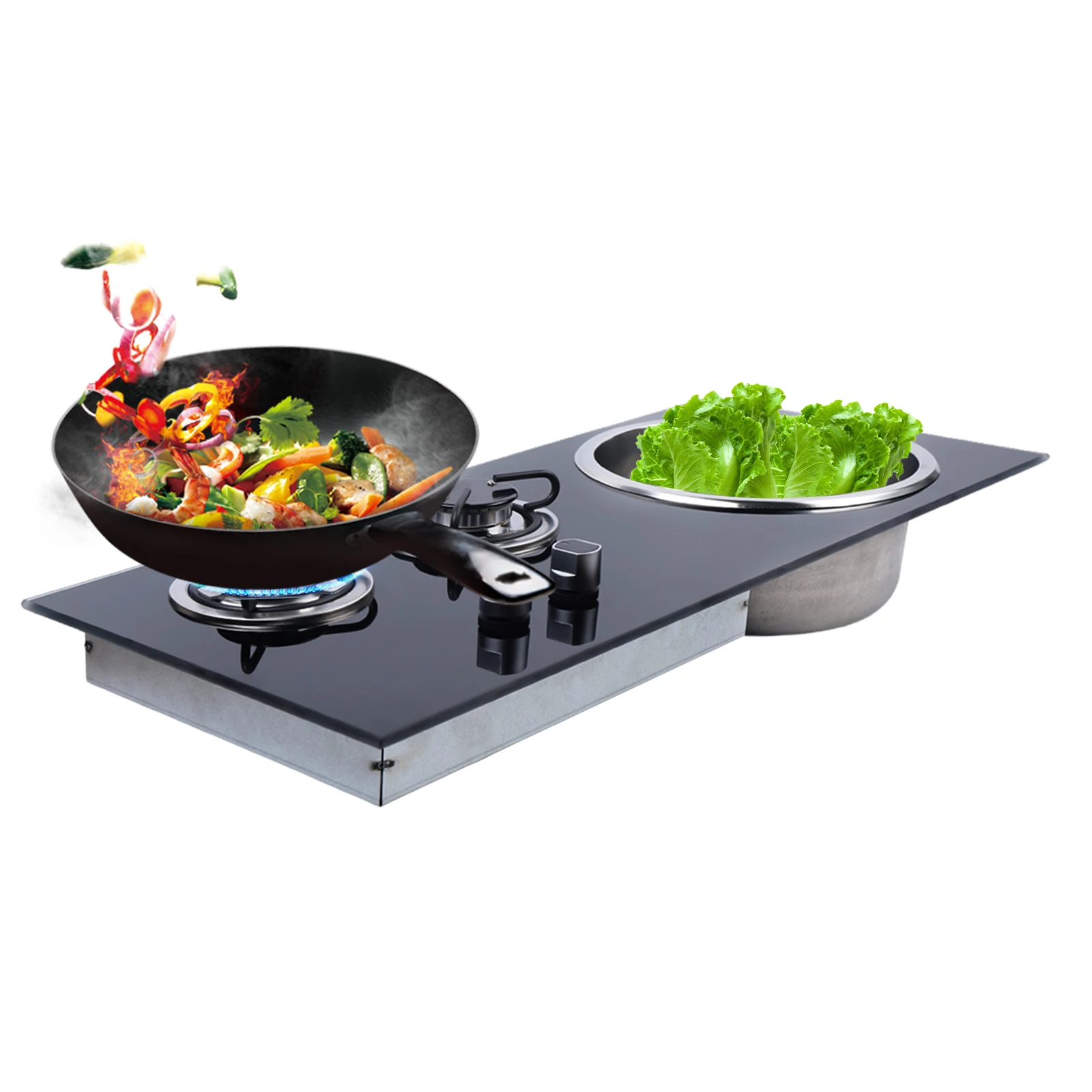 2-Burner RV Gas Stove with Sink 2-Level Fire Flame Failure Protection for Motorhomes Camping Boats Outdoor Cooking