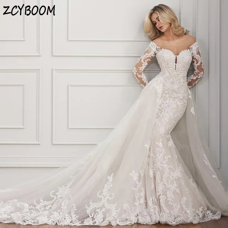 

Elegant Lvory O-Neck Appliques Crystal Long Sleeves Wedding Dress 2024 Mermaid Floor Length Detachable Sweep Train Bridal Gown