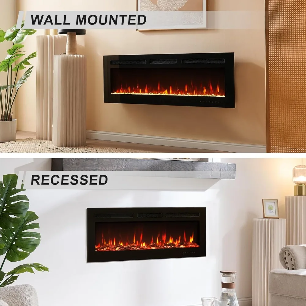 مدفأة كهربائية ذكية مثبتة على الحائط مقاس 50 بوصة من تشانينغ برو، 12 لونًا من اللهب والجمرة، 5 سطوع، سخان 1500 وات،