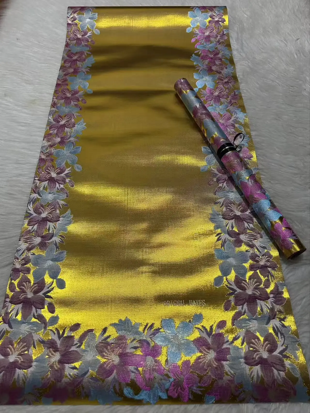 Luxury Gold Satin Jacquard Fabric with 3D Floral Border African Ankara Style Party Gown Lace Material by the Hat 2pc/bag