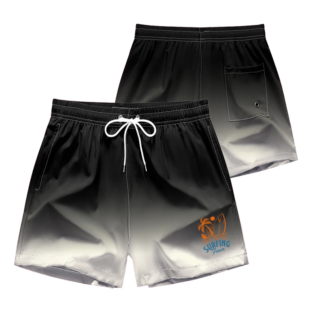 

Breathable Summer Men's Beachwear Gradient Swim Shorts Surfing Fever Graphic Print Side Pocket Quick Dry Board Swimming Shorts