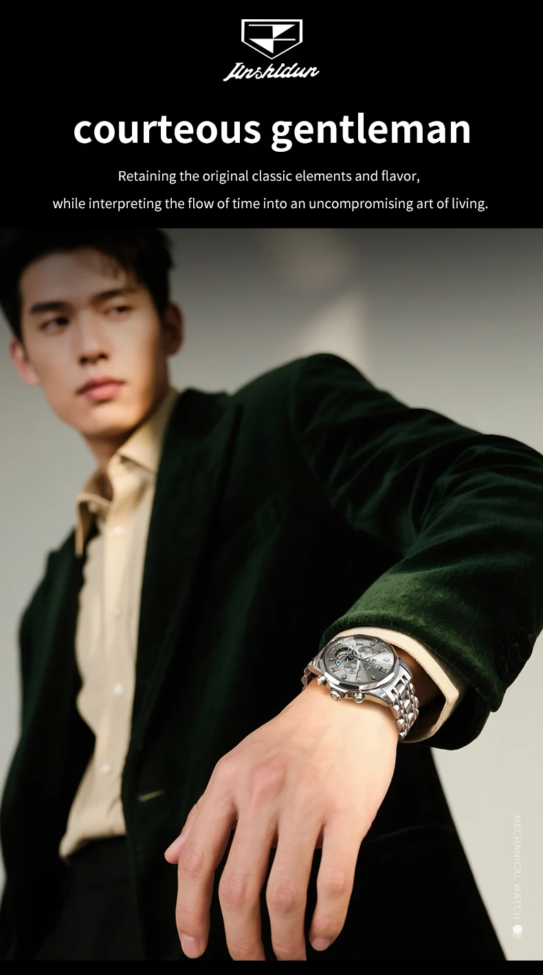 JINSHIDUN 8989 Luxus-Herrenuhr Mode Skelett-Schwungrad Automatikuhren für Herren Rhombus-Spiegel Business Mechanische Uhr für Männer – Detail 4